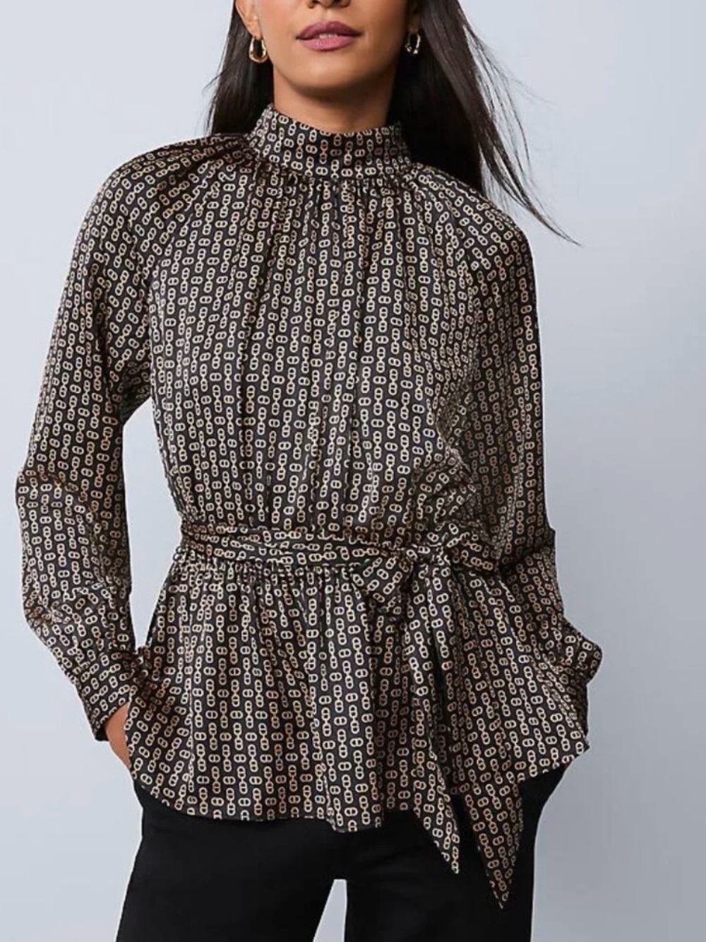 Ann Taylor High-Neck Brown Printed Tie-Waist Blouse